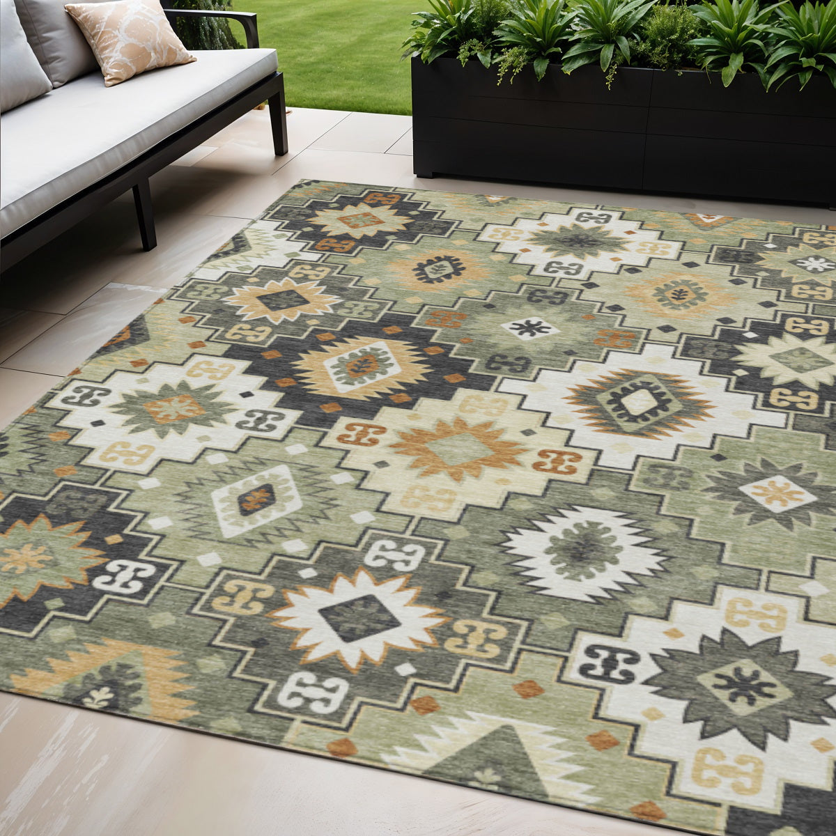 5 X 8 Fern Green Gold And Charcoal Southwestern Washable Indoor Outdoor Area Rug