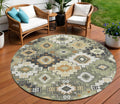 8 Fern Green Gold And Charcoal Round Southwestern Washable Indoor Outdoor Area Rug
