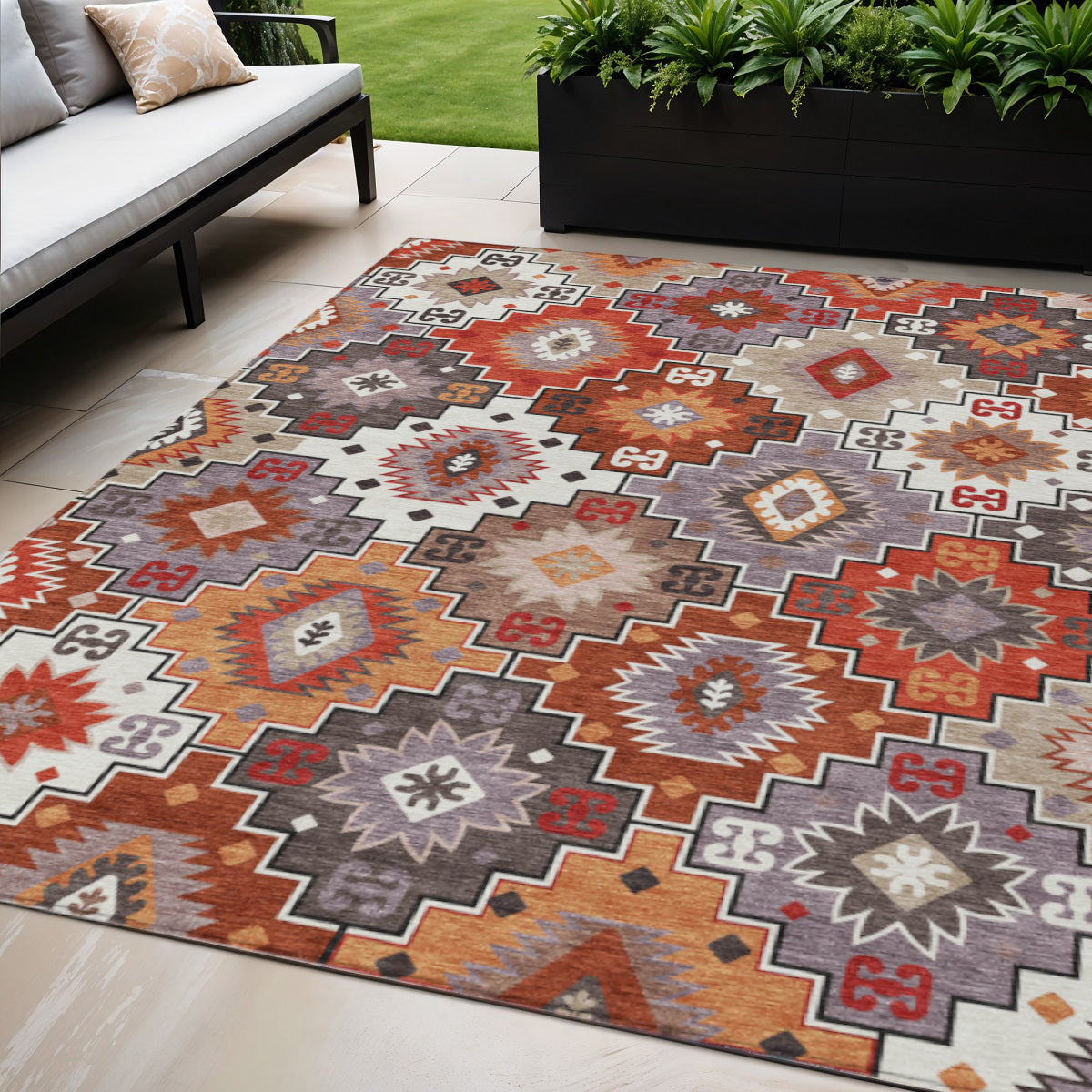 5 X 8 Rust Lavender And Ivory Southwestern Washable Indoor Outdoor Area Rug