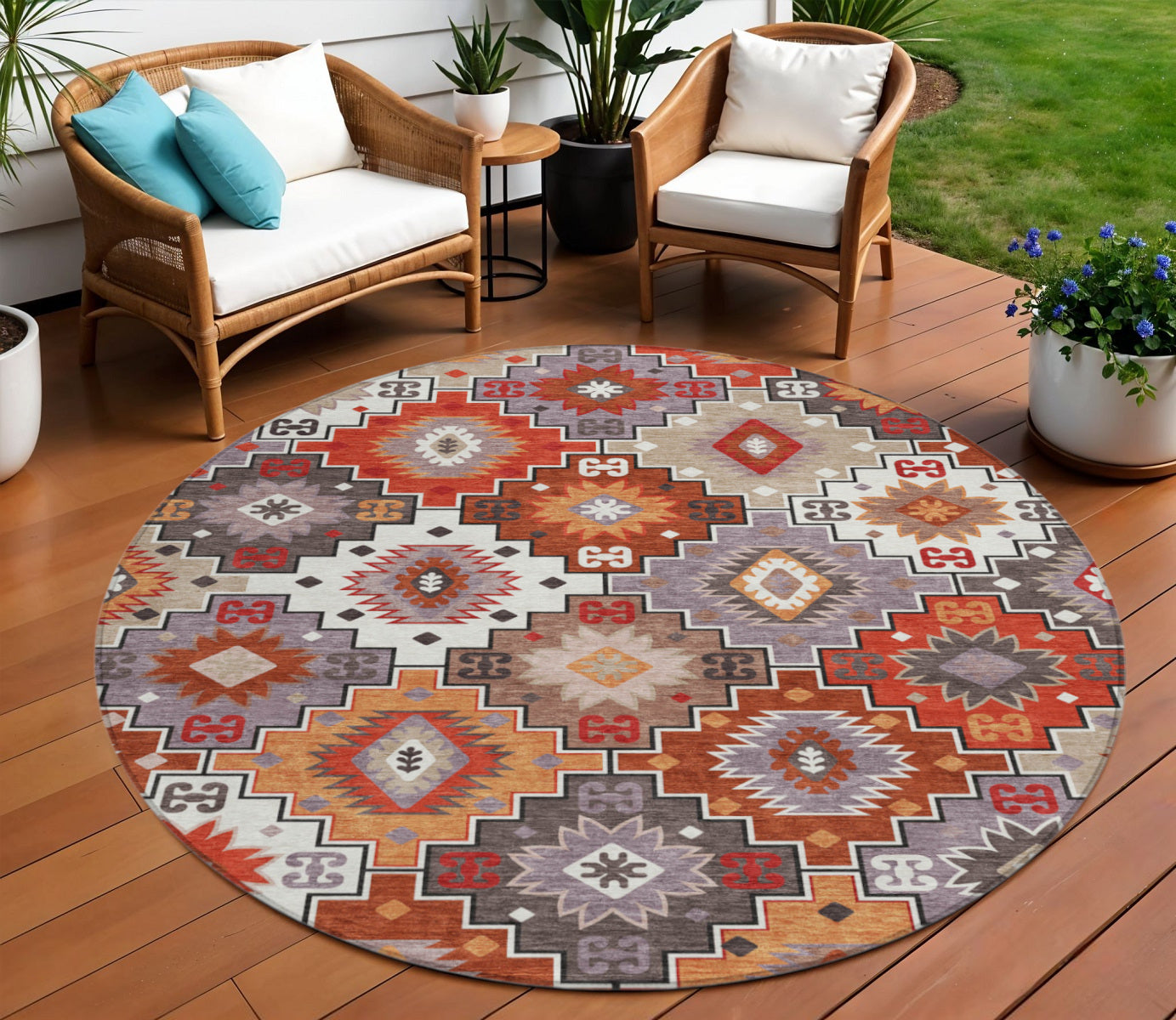 8 Rust Lavender And Ivory Round Southwestern Washable Indoor Outdoor Area Rug