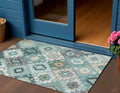 3 X 5 Teal Blue Beige And Ivory Southwestern Washable Indoor Outdoor Area Rug