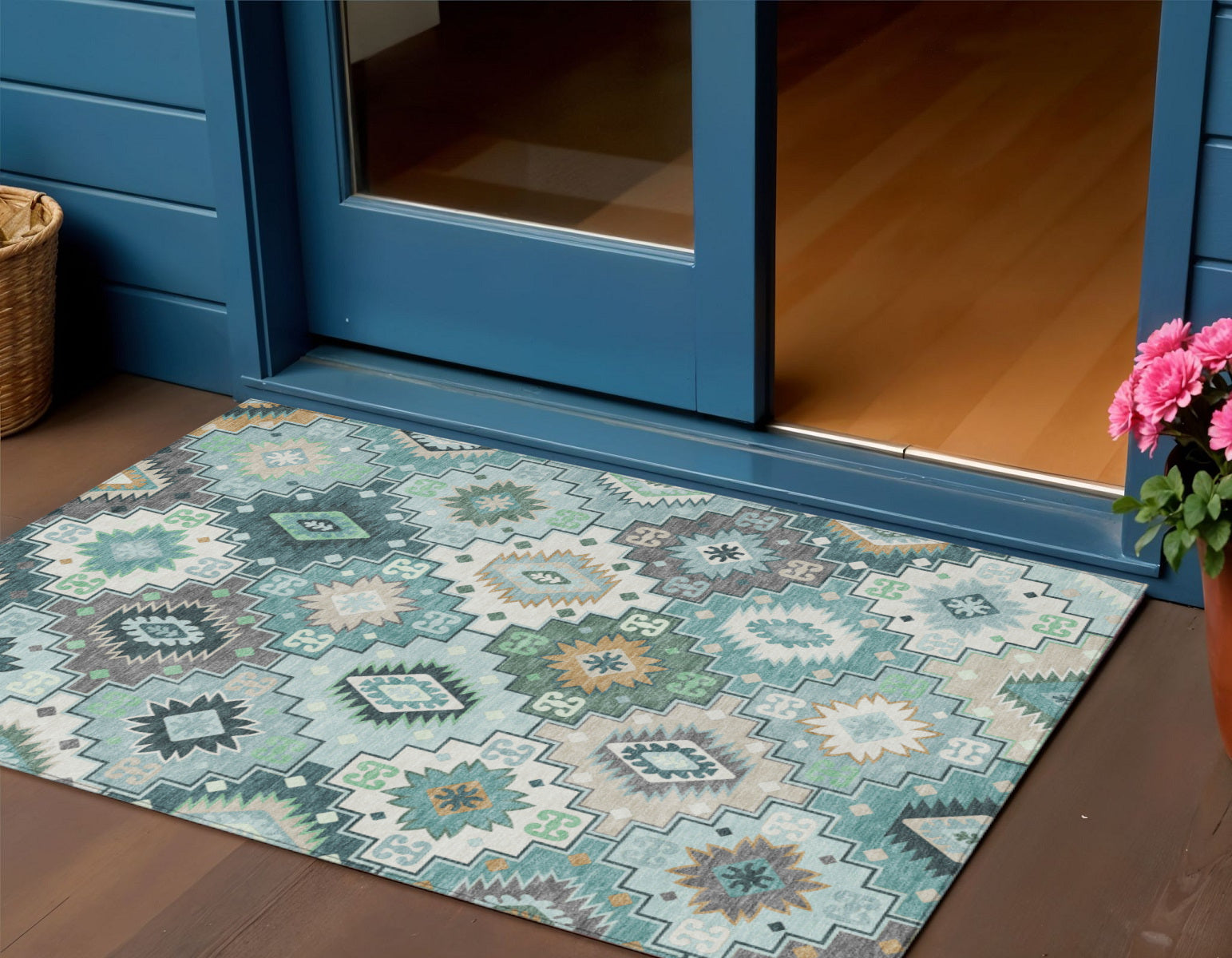 3 X 5 Teal Blue Beige And Ivory Southwestern Washable Indoor Outdoor Area Rug