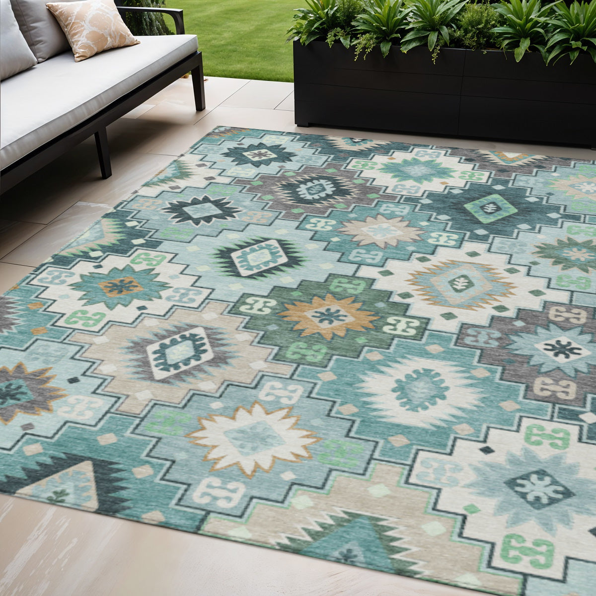 5 X 8 Teal Blue Beige And Ivory Southwestern Washable Indoor Outdoor Area Rug