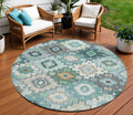 8 Teal Blue Beige And Ivory Round Southwestern Washable Indoor Outdoor Area Rug