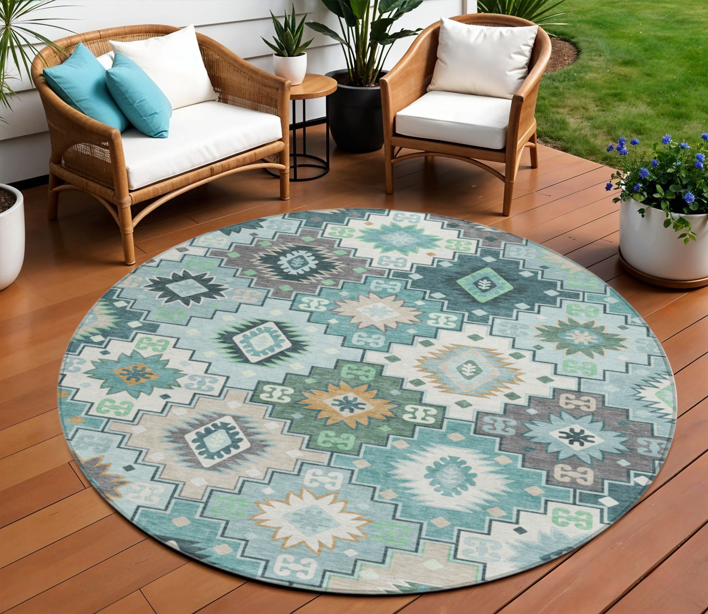 8 Teal Blue Beige And Ivory Round Southwestern Washable Indoor Outdoor Area Rug