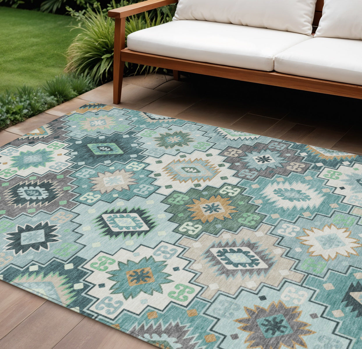 9 X 12 Teal Blue Beige And Ivory Southwestern Washable Indoor Outdoor Area Rug