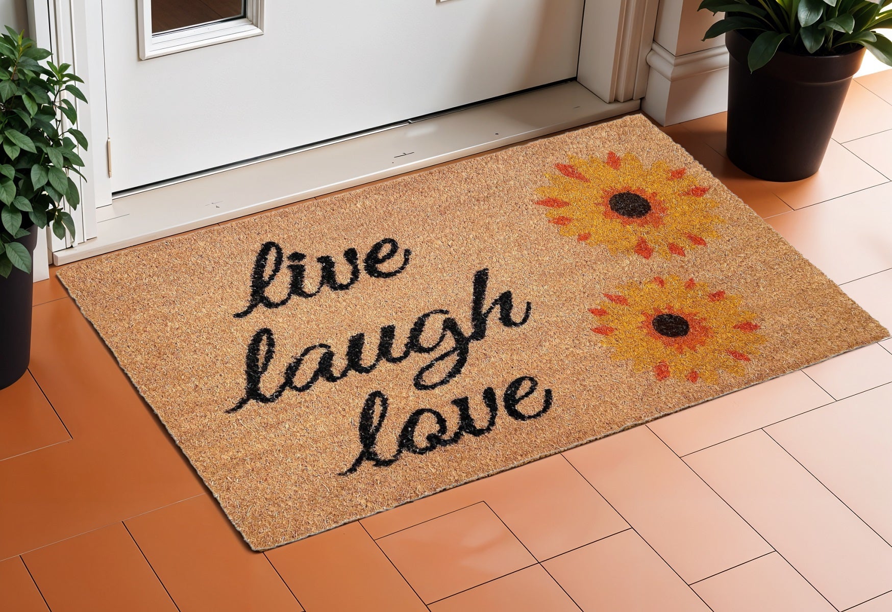 17 X 29 Natural Yellow And Black Floral Live Love Laugh Outdoor  Coir Door Mat