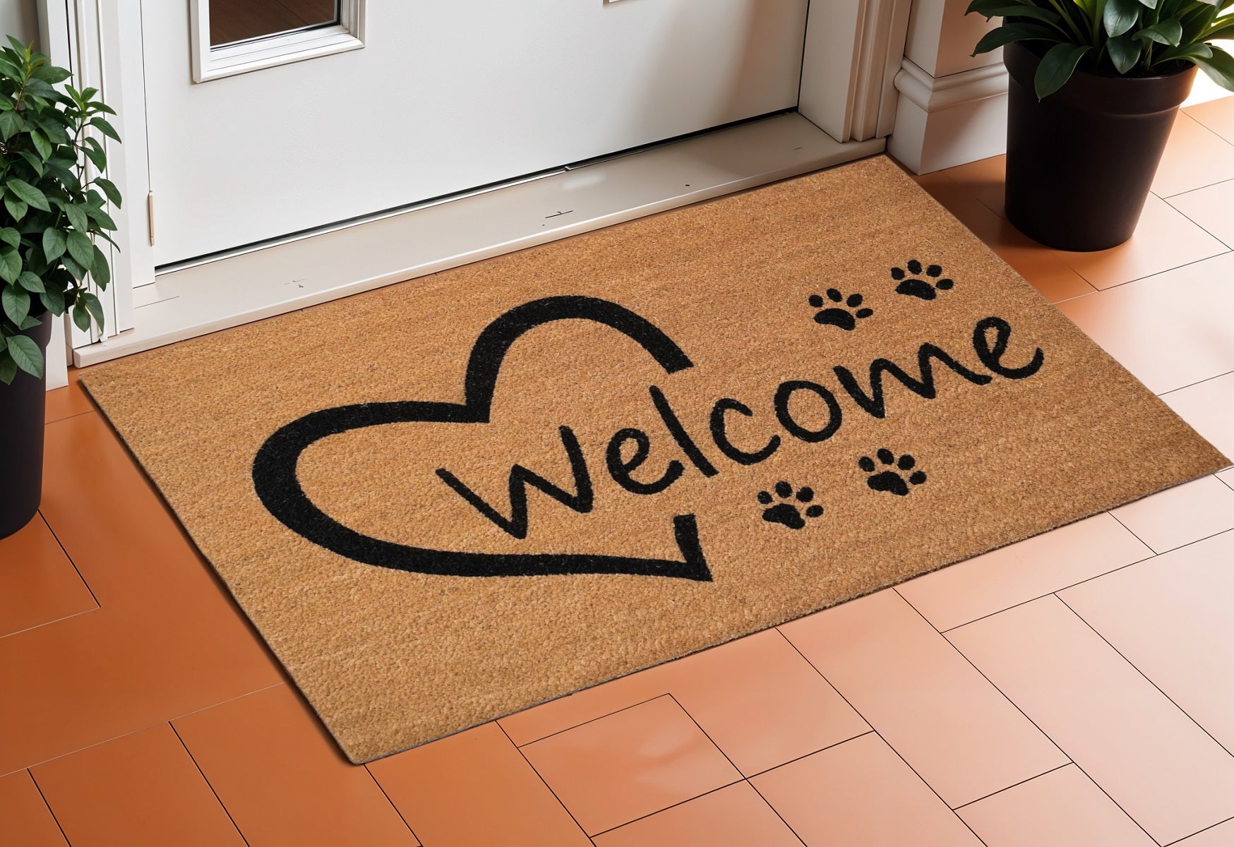 17 X 29 Natural And Black Pawprint Welcome Outdoor Coir Door Mat