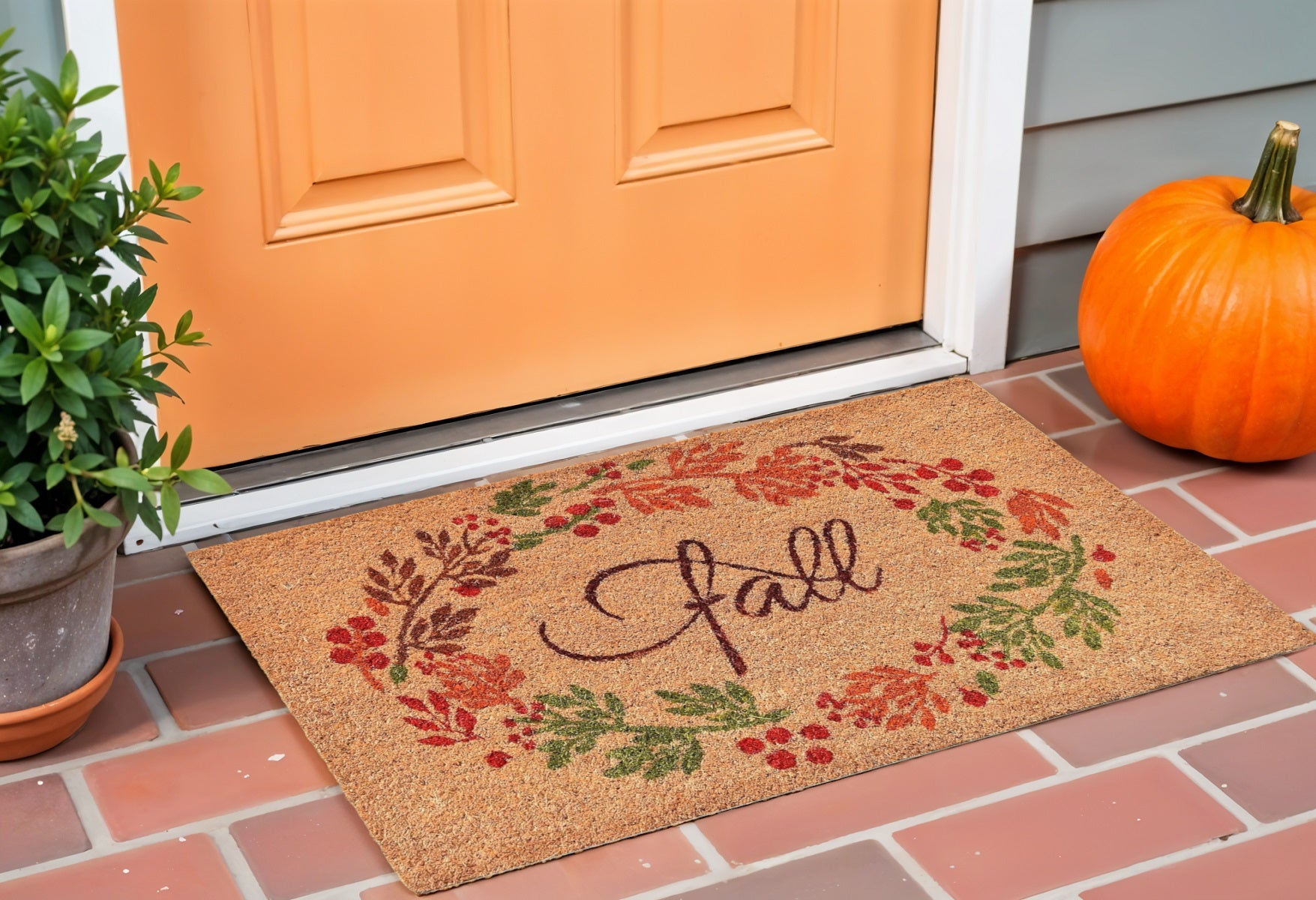 17 X 29 Natural Green And Orange Fall Leaves Coir Outdoor Door Mat