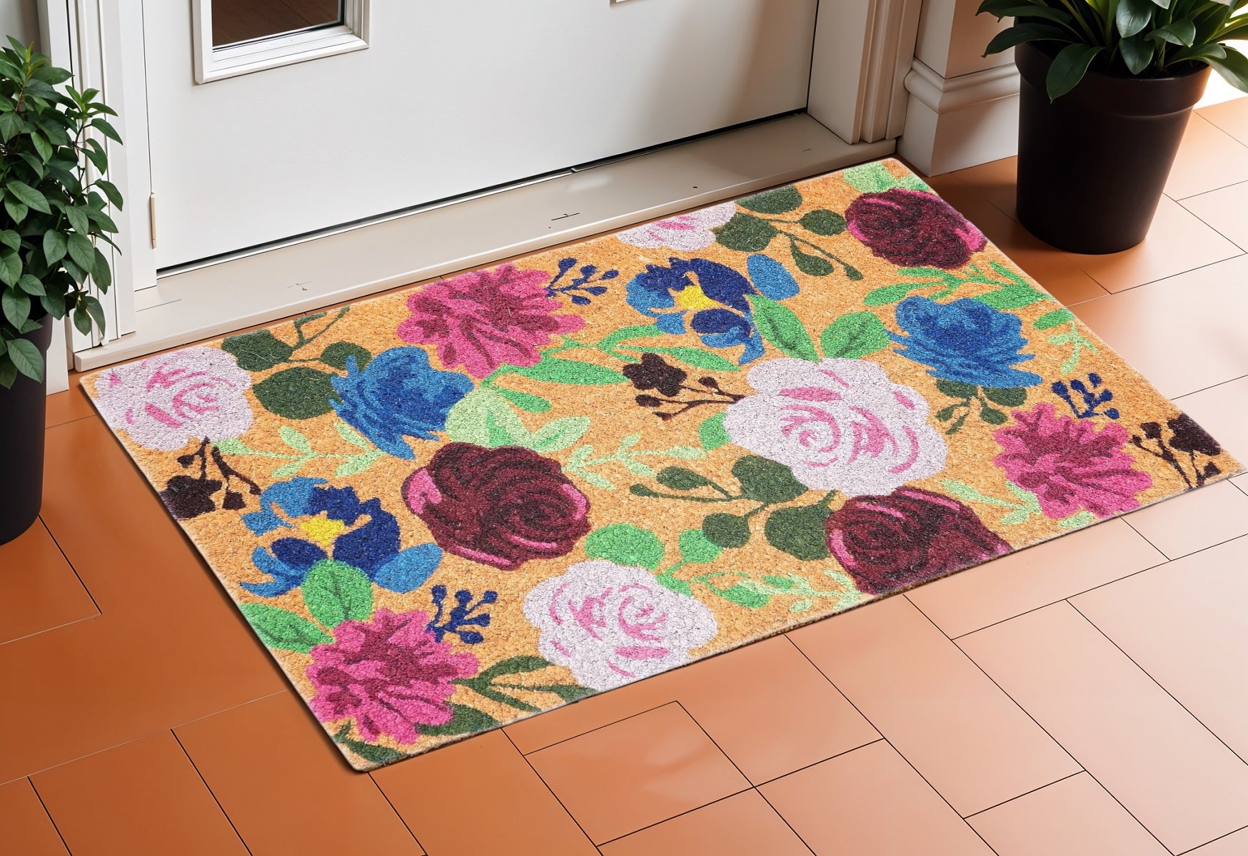 17 X 29 Natural Pink And Blue Floral Outdoor Coir Door Mat