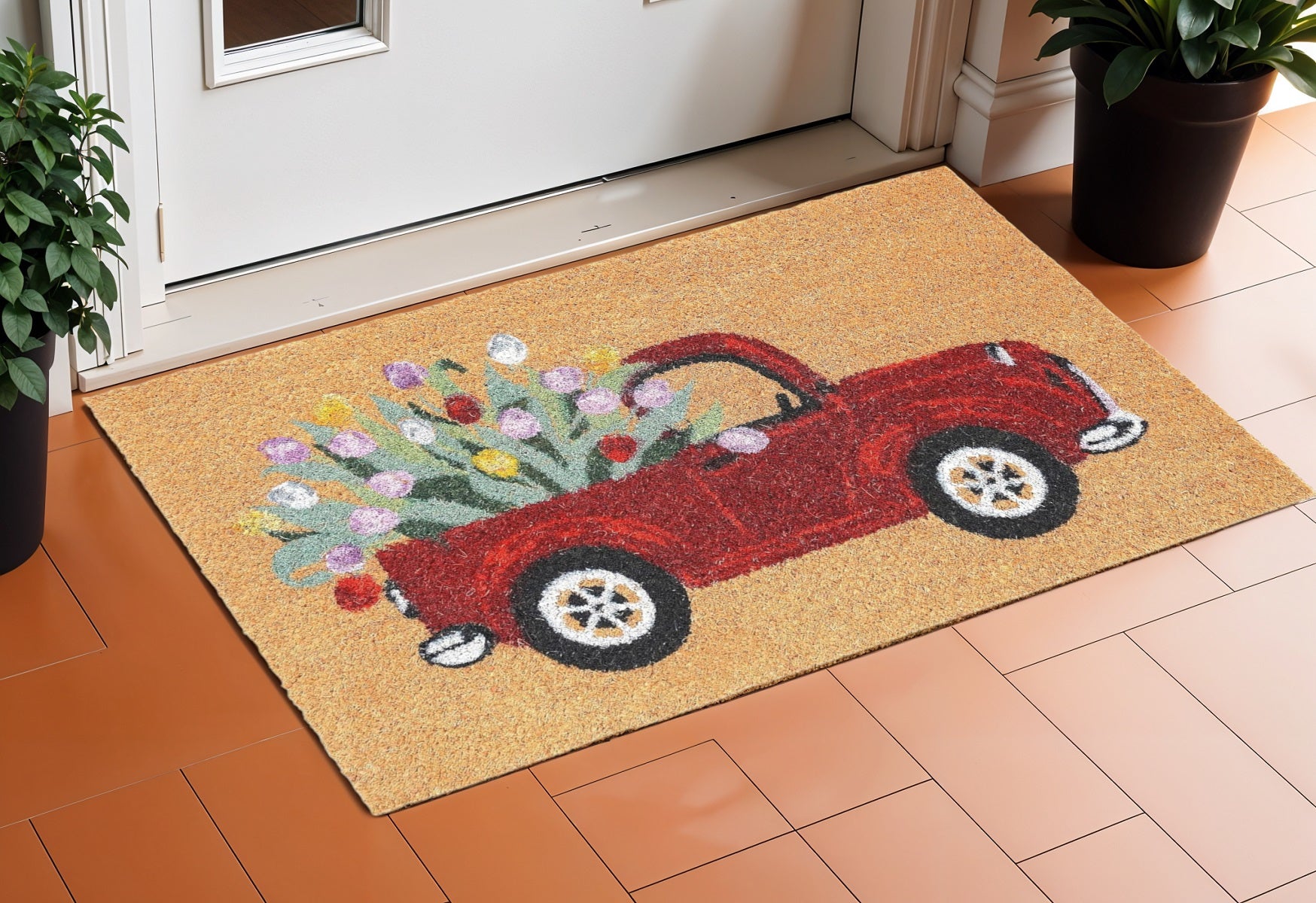 17 X 29 Natural And Red Floral Outdoor Coir Door Mat