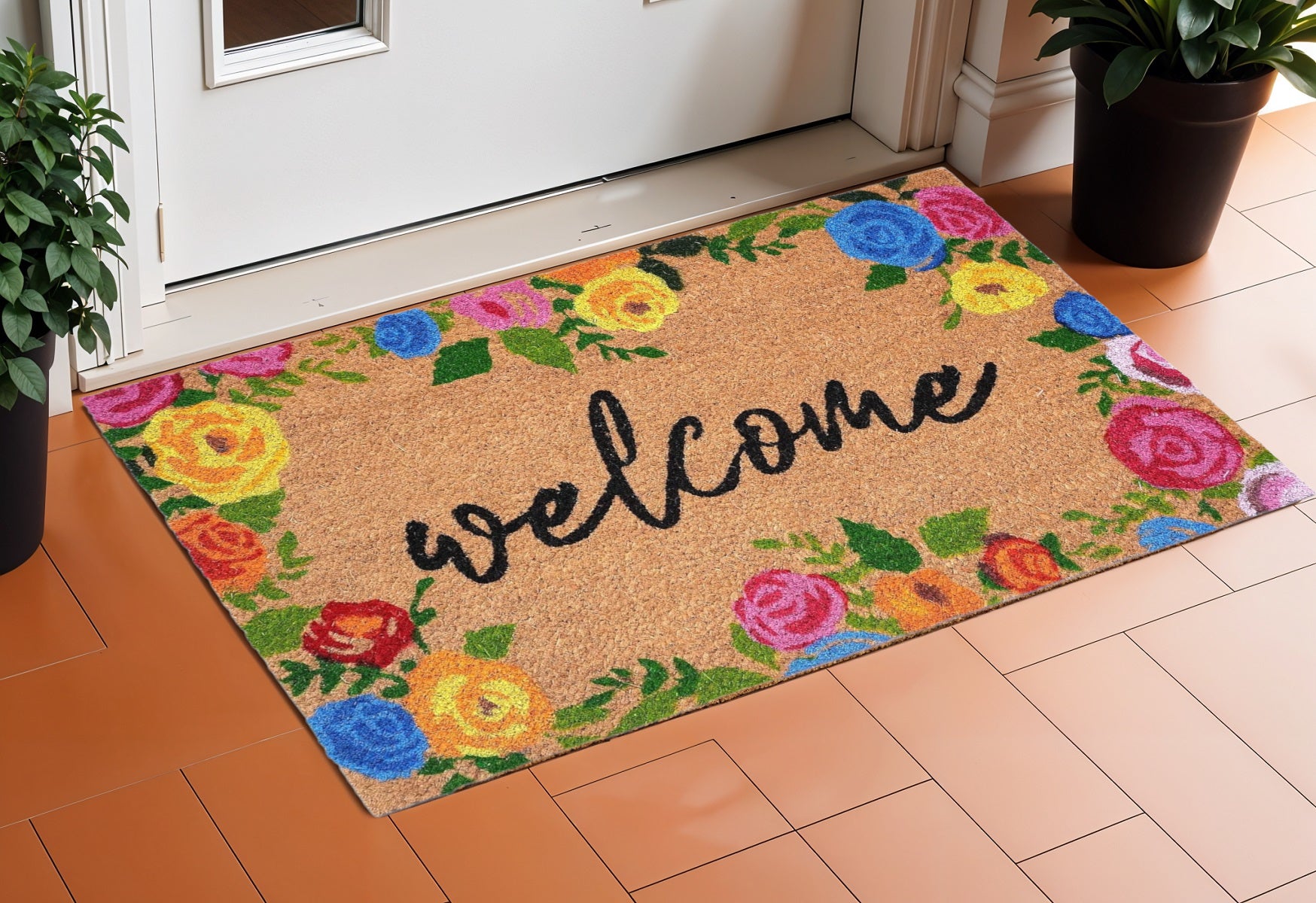 17 X 29 Natural Blue Pink And Yellow Floral Welcome Outdoor Coir Door Mat