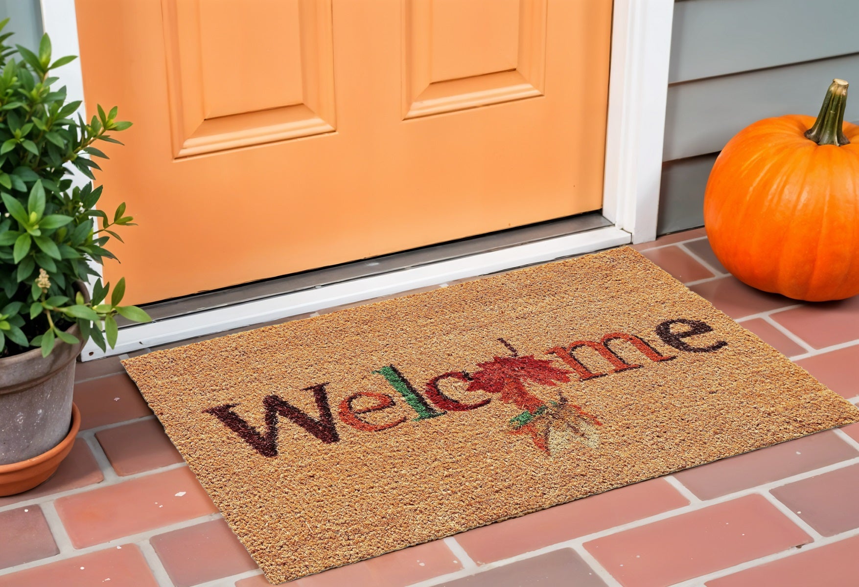 17 X 29 Natural And Orange Fall Leaves Welcome Coir Outdoor Door Mat