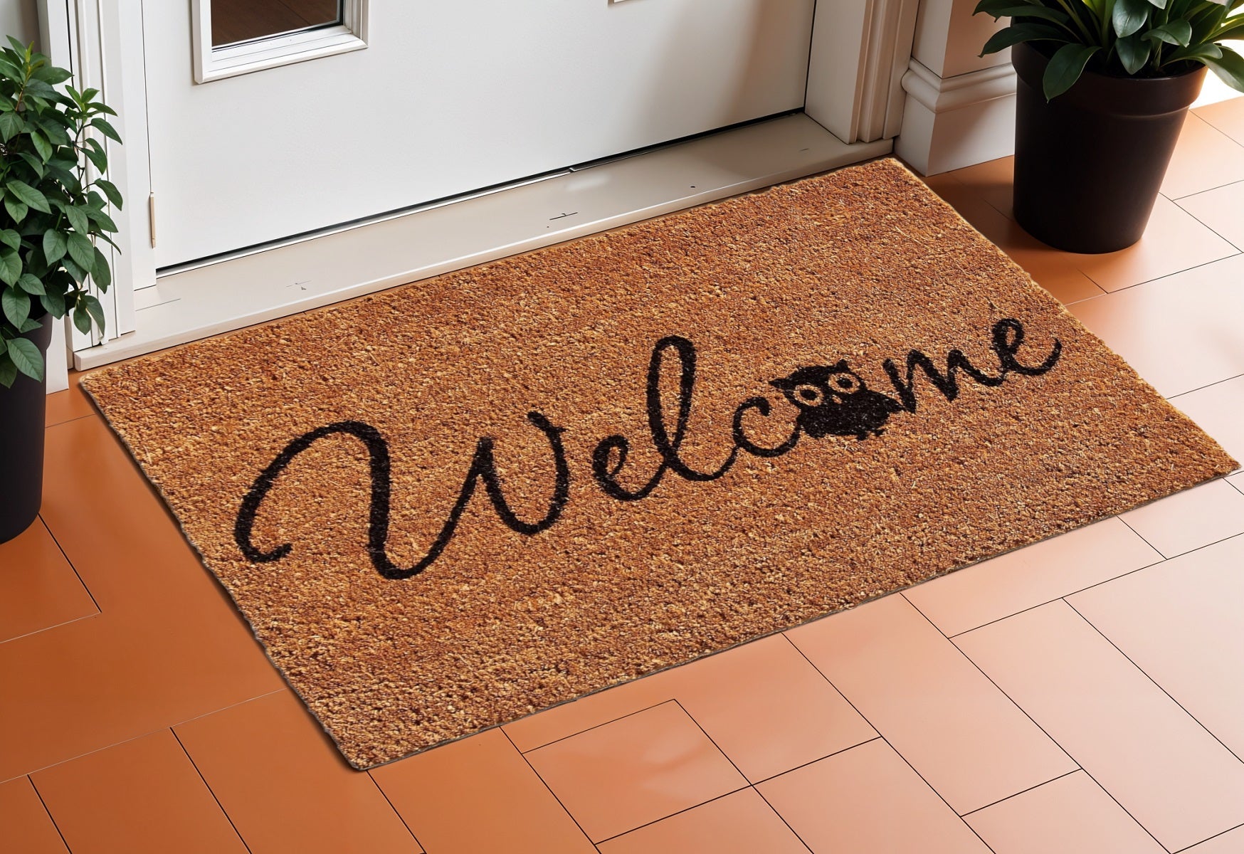 17 X 29 Black And Natural Owl Welcome Outdoor Coir Door Mat