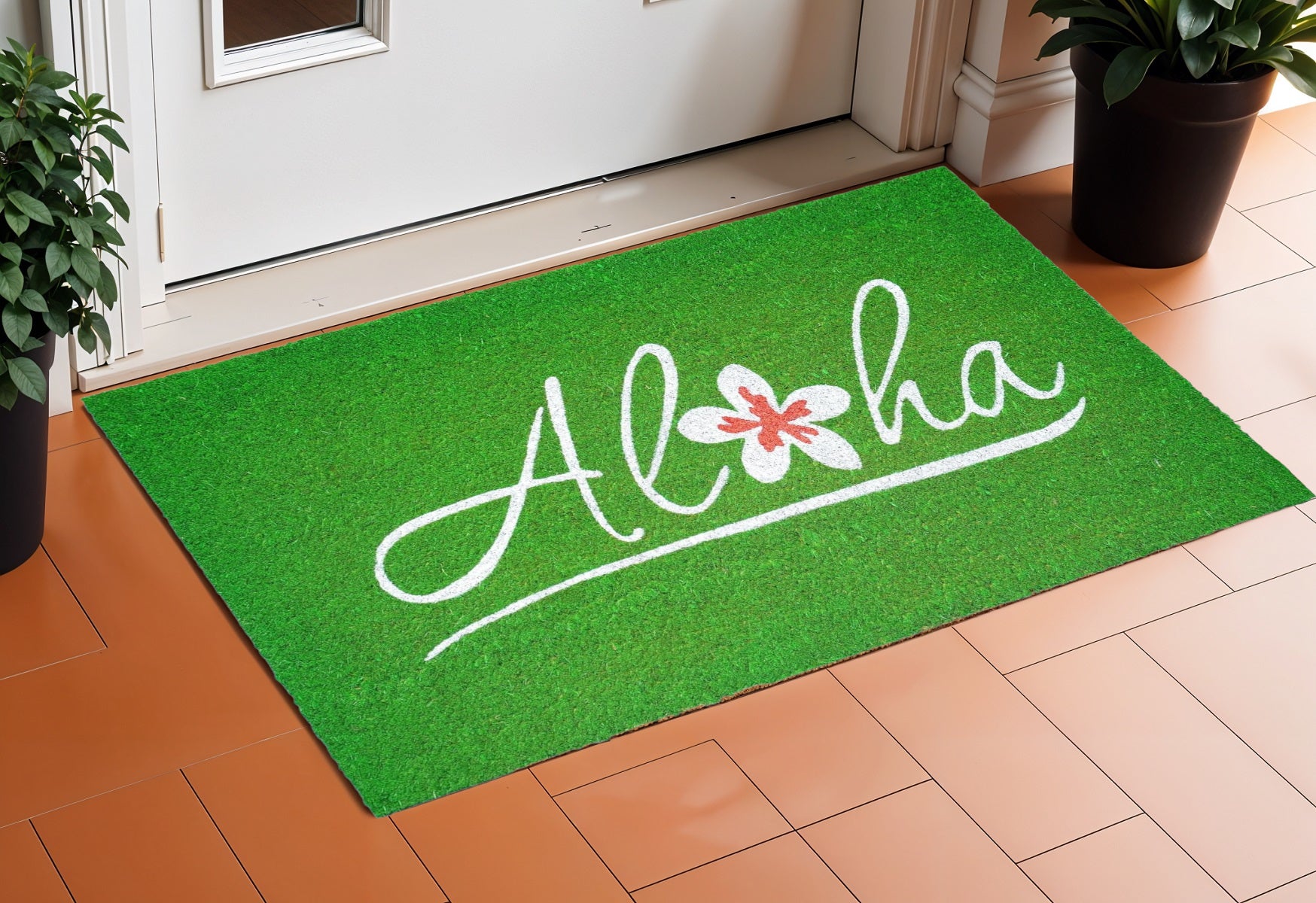 17 X 29 Green And White Aloha Outdoor Coir Door Mat