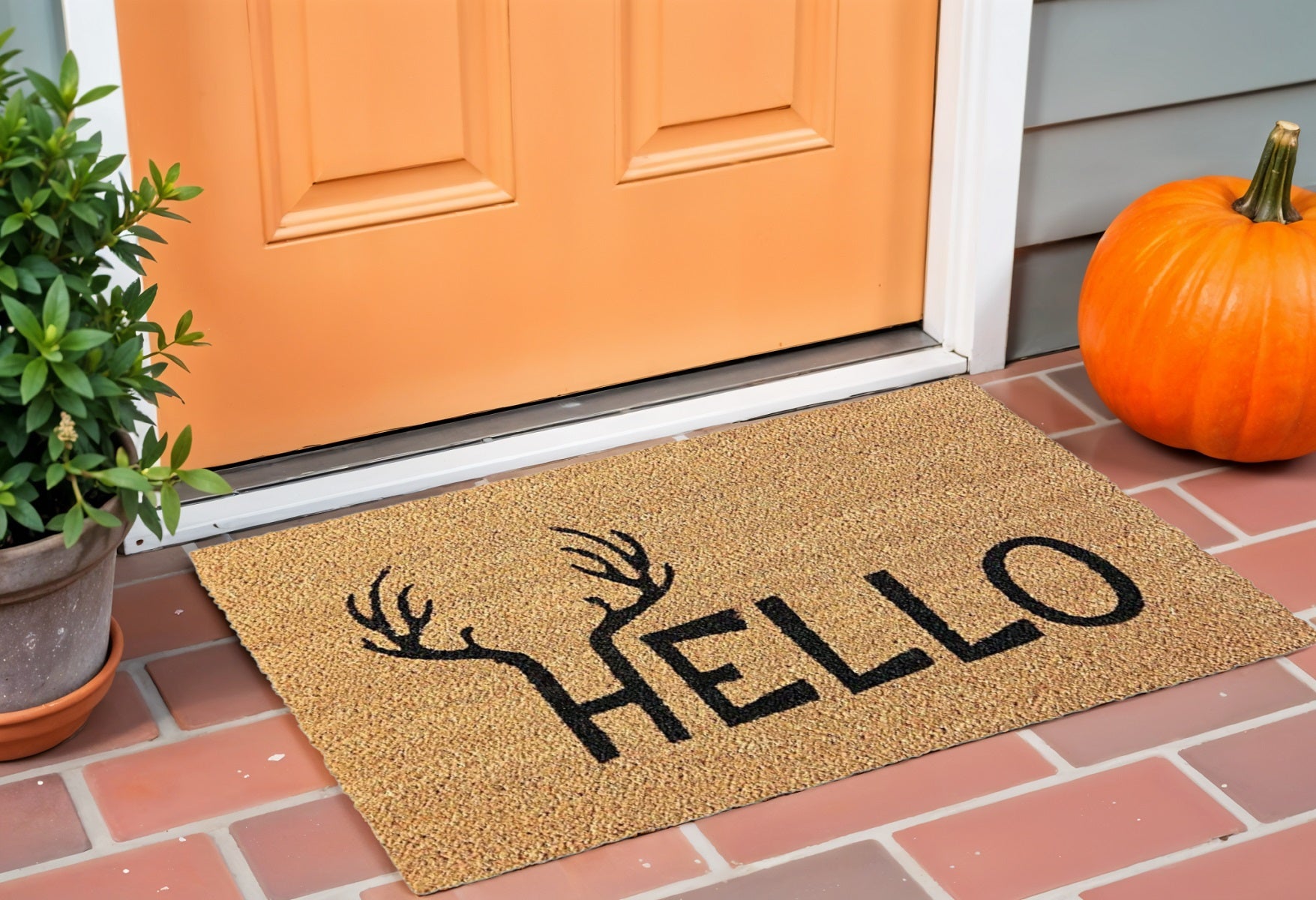 17 X 29 Natural And Black Hello With Antlers Coir Outdoor Door Mat