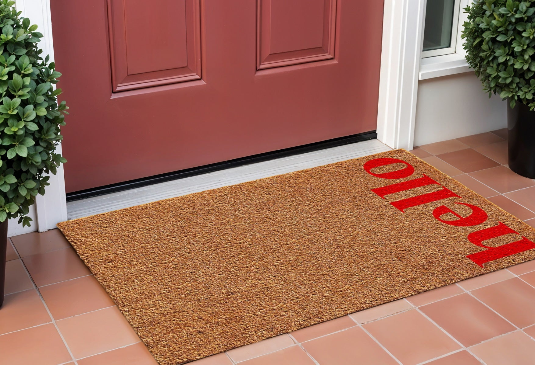 17 X 29 Natural And Red Hello Outdoor Coir Door Mat