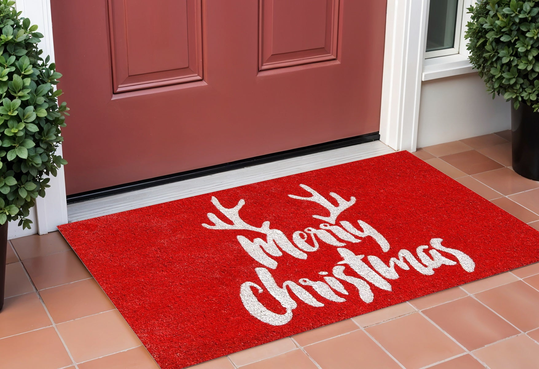 24 X 36 Red And White Coir Reindeer Outdoor Christmas Door Mat