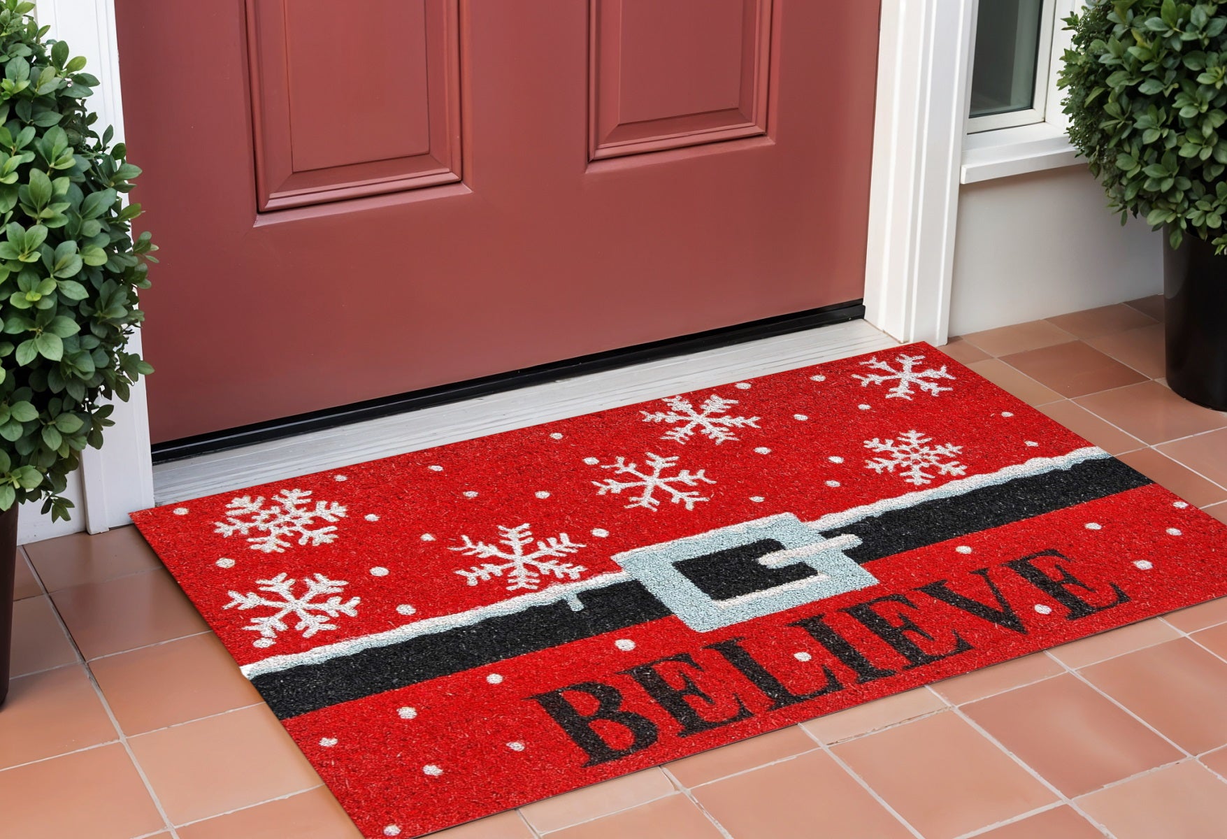 24 X 36 Red And Black Coir Snowflake Outdoor Christmas Door Mat