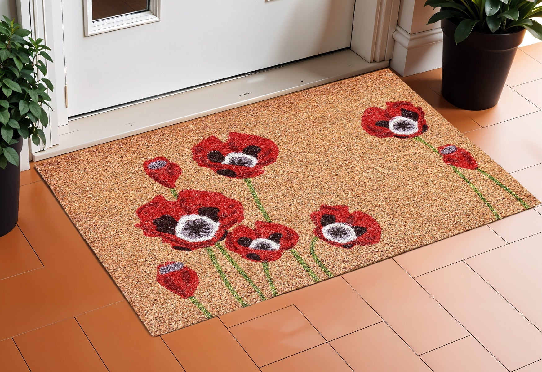 24 X 36 Natural And Red Coir Floral Outdoor Door Mat