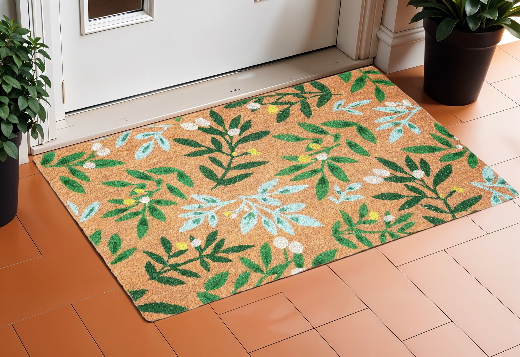 24 X 36 Natural And Green Botanical Leaves Outdoor Coir Door Mat
