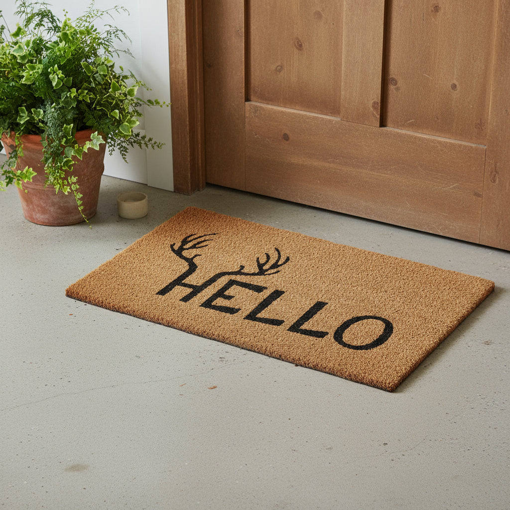 24 X 36 Natural And Black Hello With Antlers Outdoor Coir Door Mat