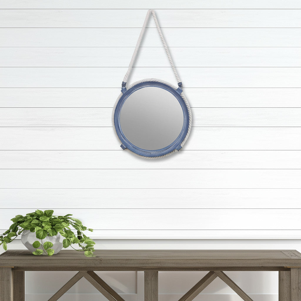 13 Blue And White Metal And Rope Round Accent Mirror