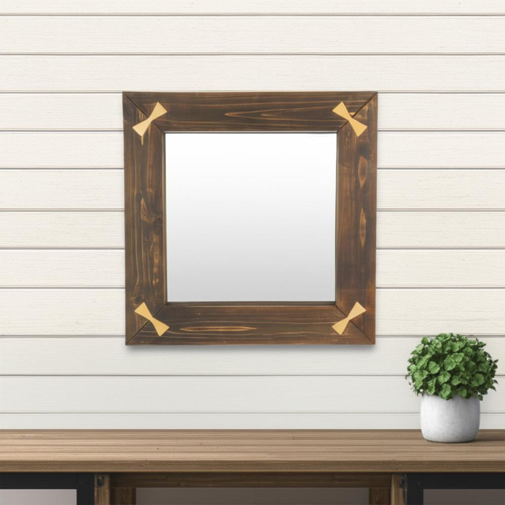22 Brown Wood With Gold Bows Square Accent Mirror