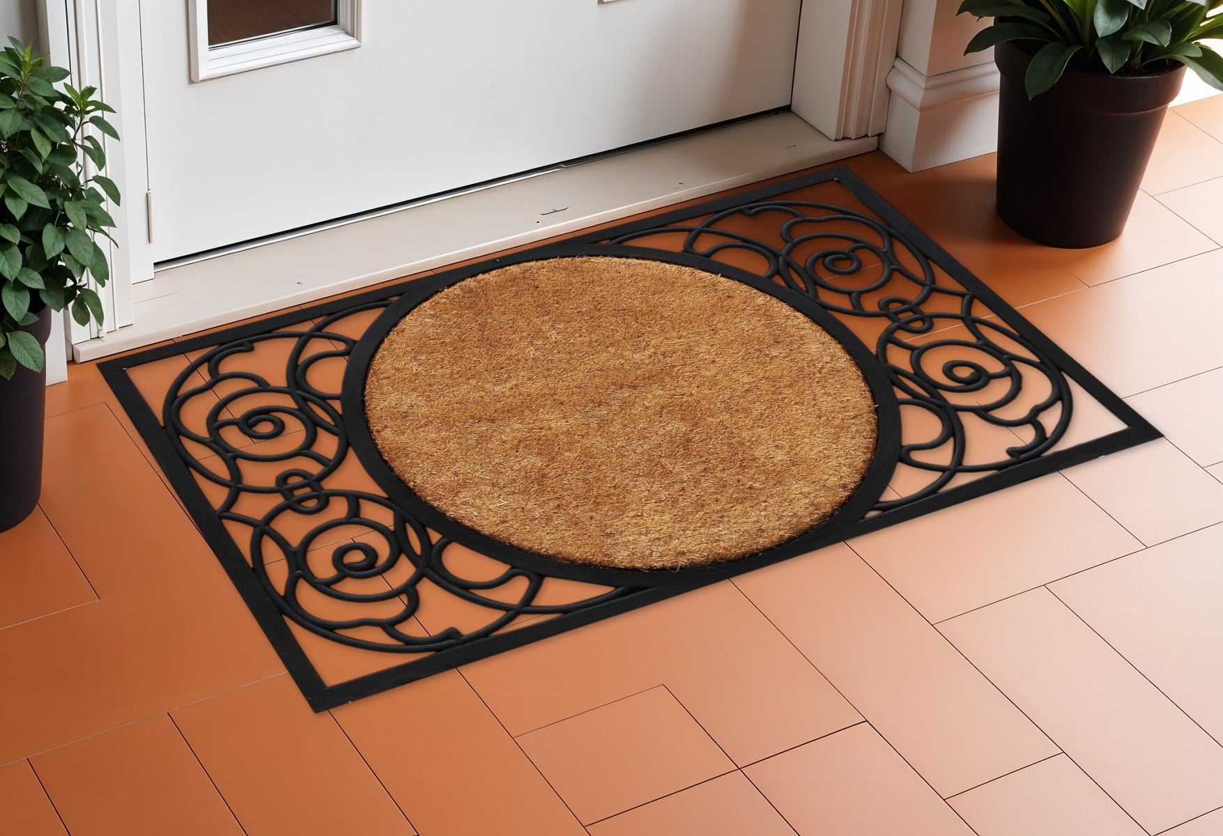 22 X 36 Black And Natural Geo Scrollwork Outdoor Rubber And Coir Door Mat