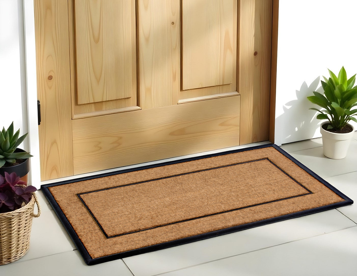 24 X 48 Natural And Black Striped Border Outdoor Coir And Rubber Door Mat