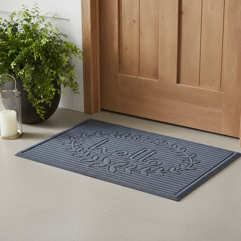 24 X 36 Dark Gray Striped Hello Outdoor Polypropylene  Door Mat