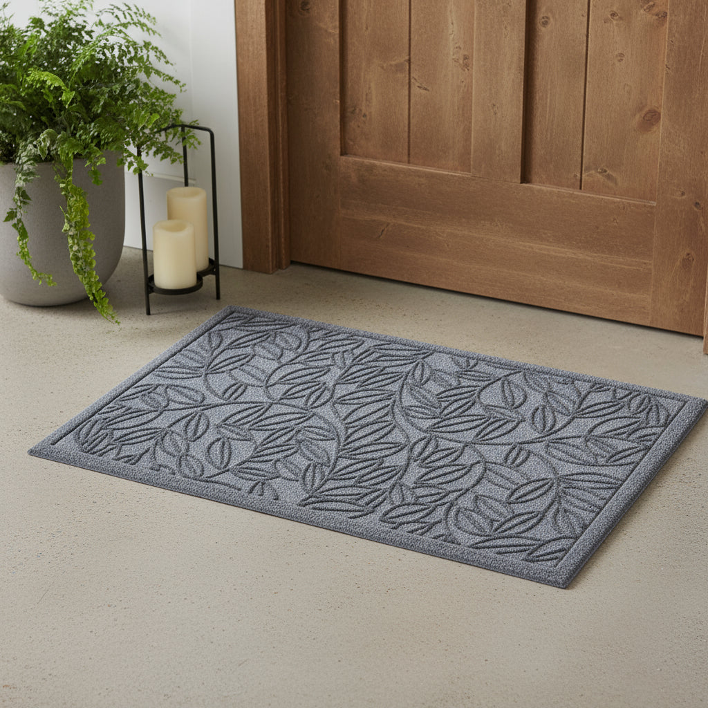 24 X 36 Gray Botanical Leaves Outdoor Polypropylene Door Mat