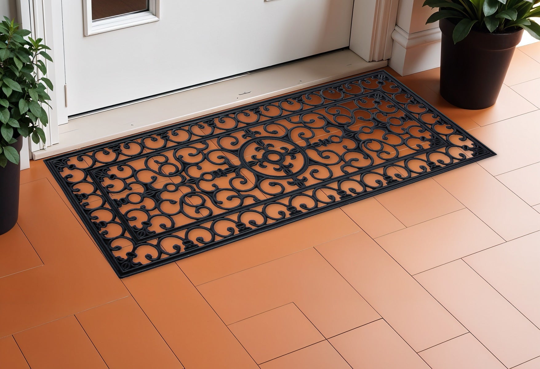 17 X 41 Black Scrollwork Outdoor Rubber Door Mat