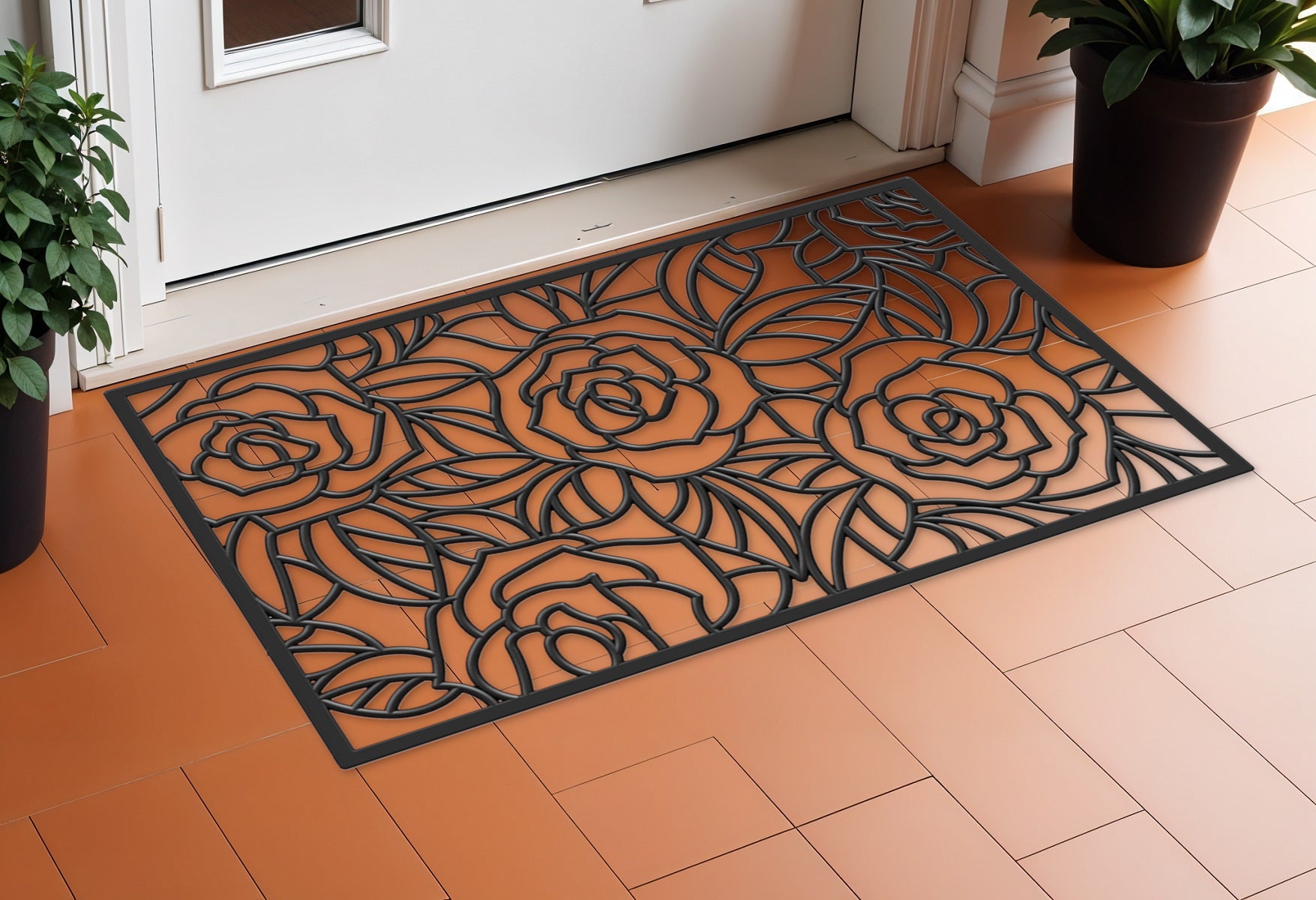 24 X 36 Black Floral Outdoor Rubber Door Mat