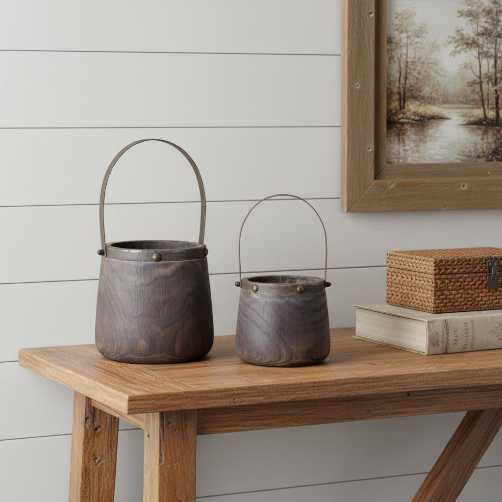 Set of Two Brown Steel And Wood 20 Ounce Round Distressed Pot Planters