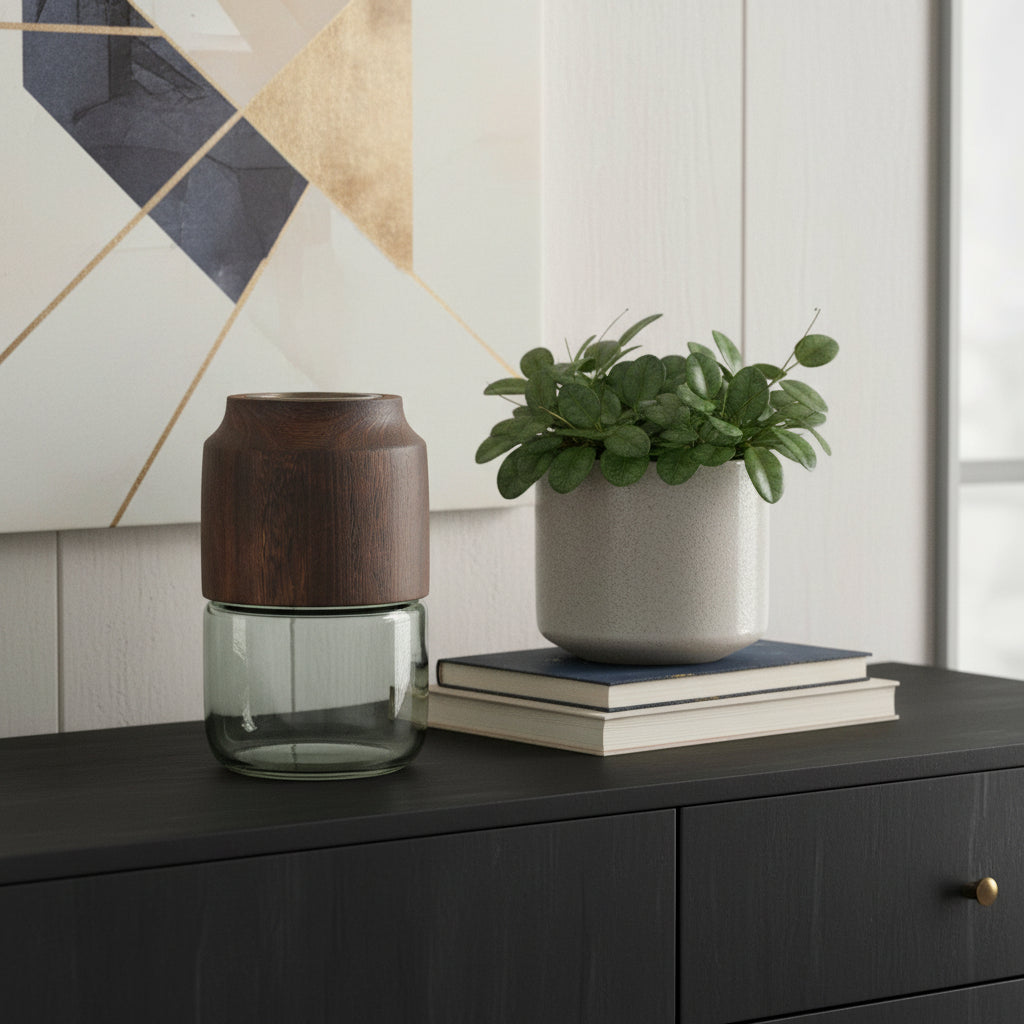 9 Brown And Sage Glass Cylindrical Table Vase With Wood