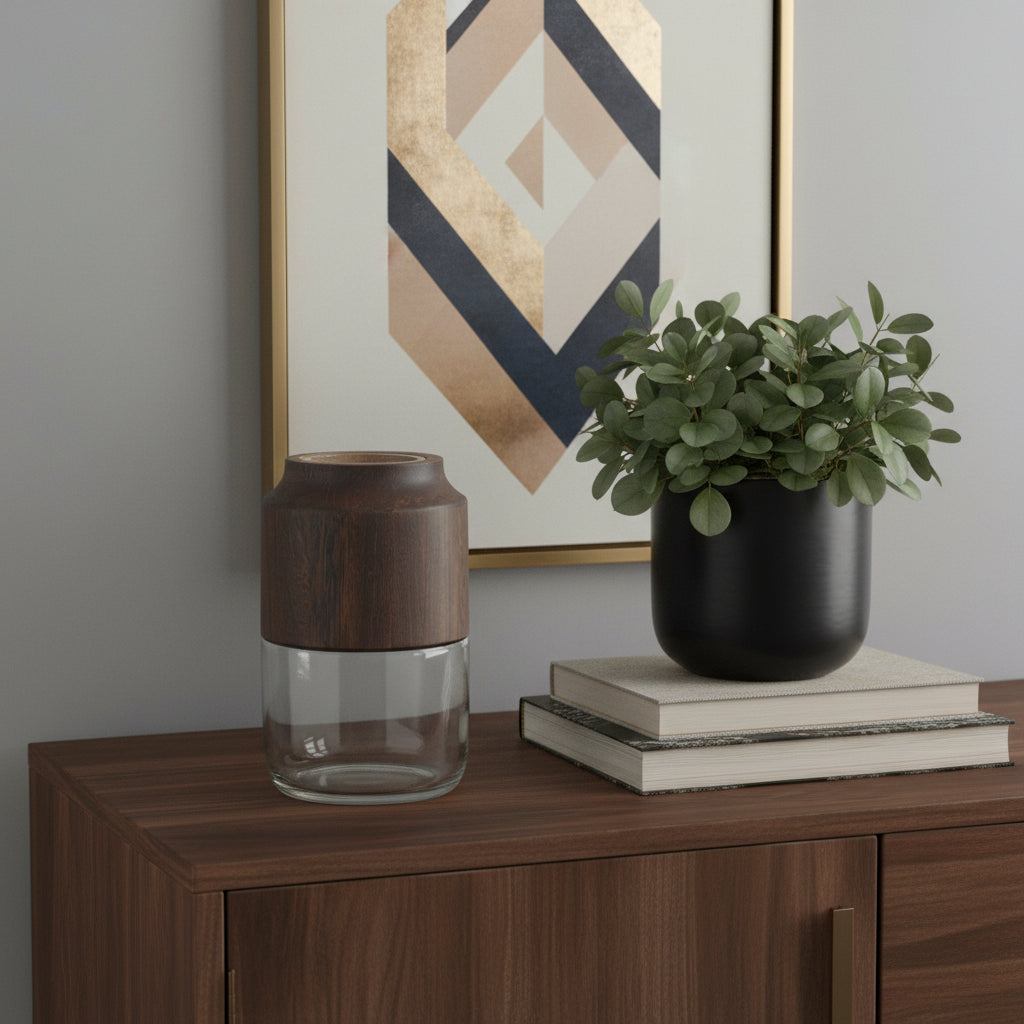 9 Brown And Clear Glass Round Table Vase With Wood