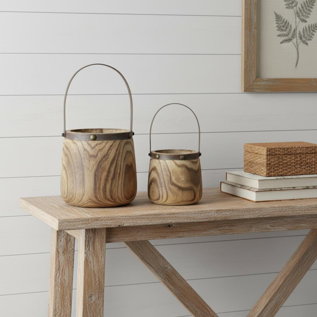 Set of Two Natural Wood And Steel Bucket Pot Planters