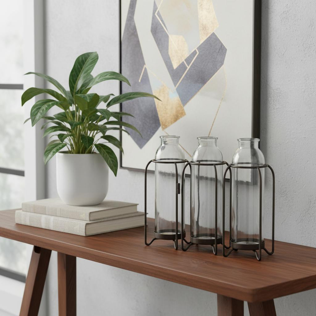8 Black And Clear Glass And Metal Triple Test Tube Table Vase