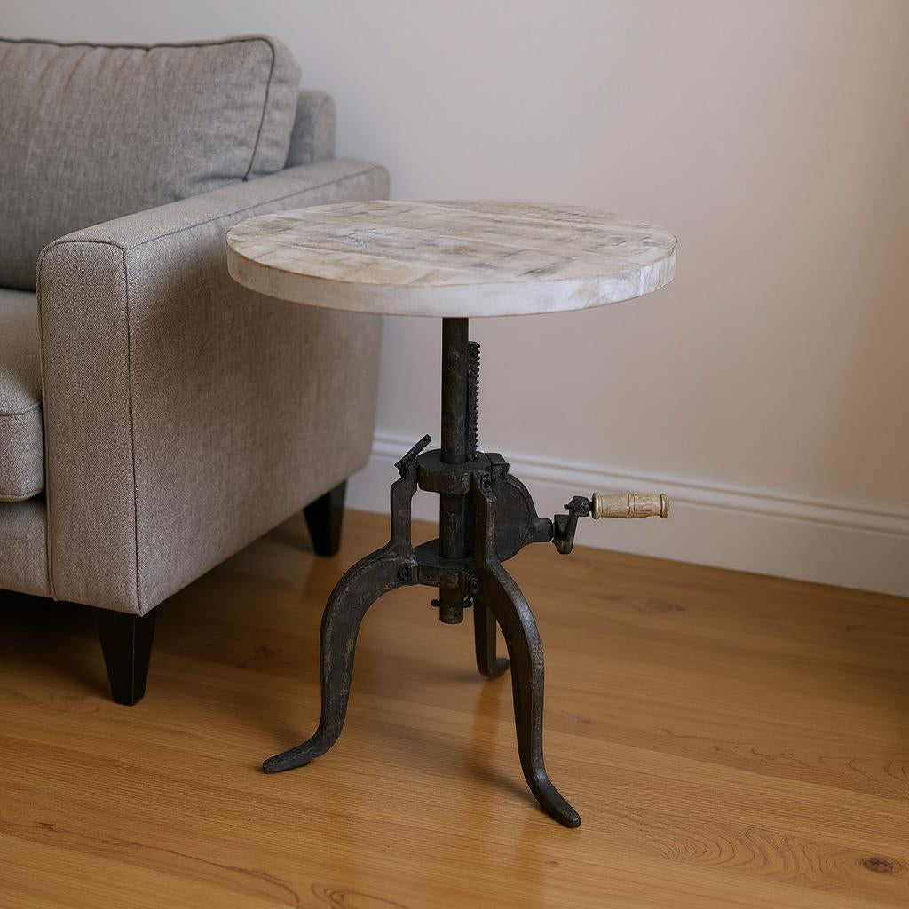 19 Natural and Gunmetal Solid Wood and Iron Height Adjustable Round End Table