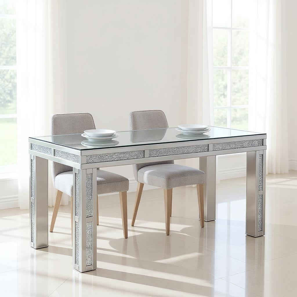 31 Silver Mirrored Glass And Faux Crystal Dining Table