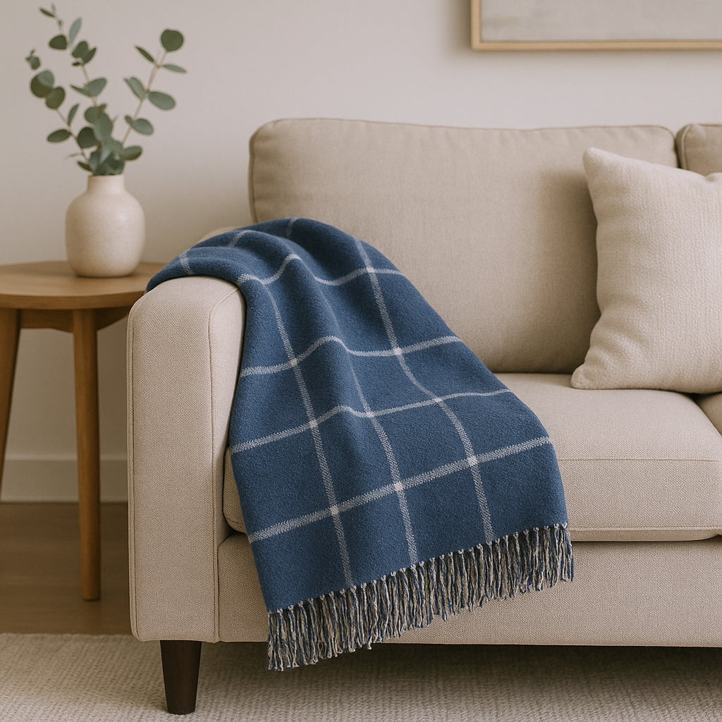 50 X 67 Denim Blue And White Cotton Blend Woven Plaid Throw Blanket with Fringe