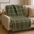 50 X 67 Olive Green And White Cotton Blend Woven Plaid Throw Blanket with Fringe