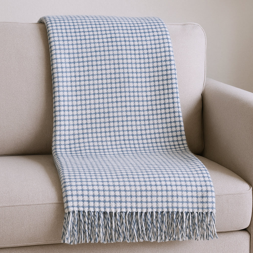 50 X 67 Cream And Denim Blue Cotton Blend Woven Plaid Throw Blanket with Fringe