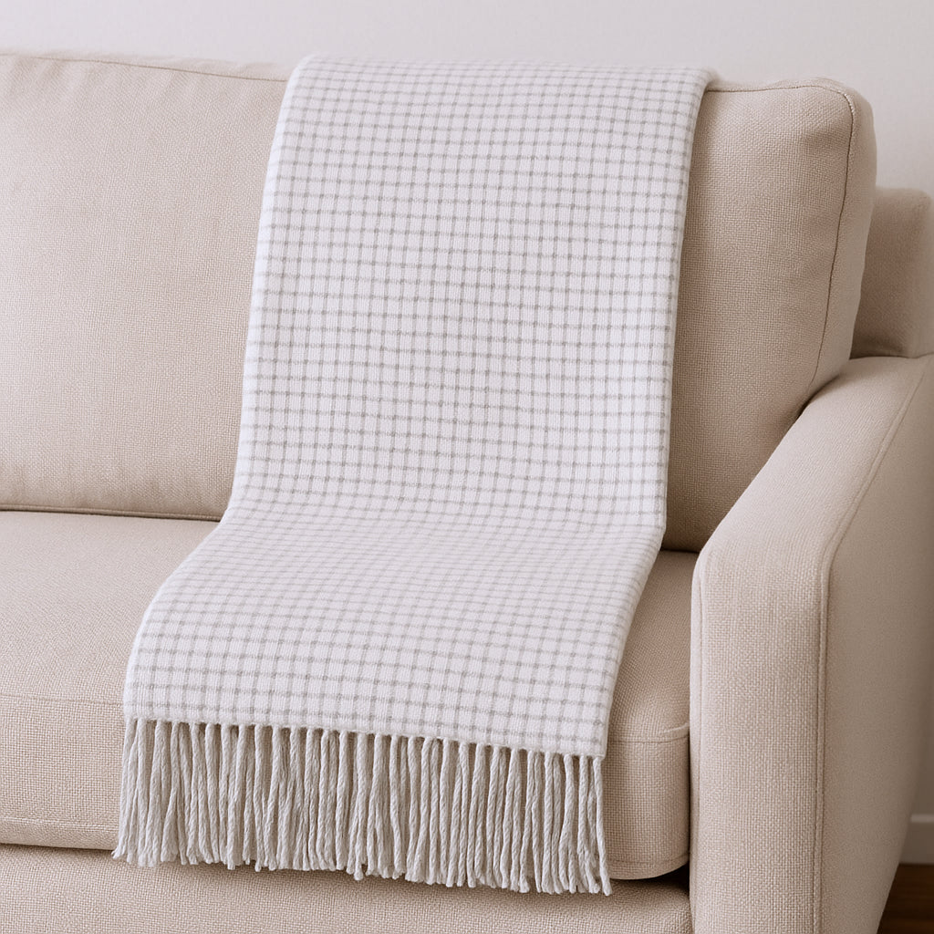 50 X 67 Cream And Light Gray Cotton Blend Woven Plaid Throw Blanket with Fringe