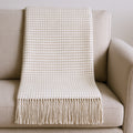50 X 67 Cream And Sand Cotton Blend Woven Plaid Throw Blanket with Fringe