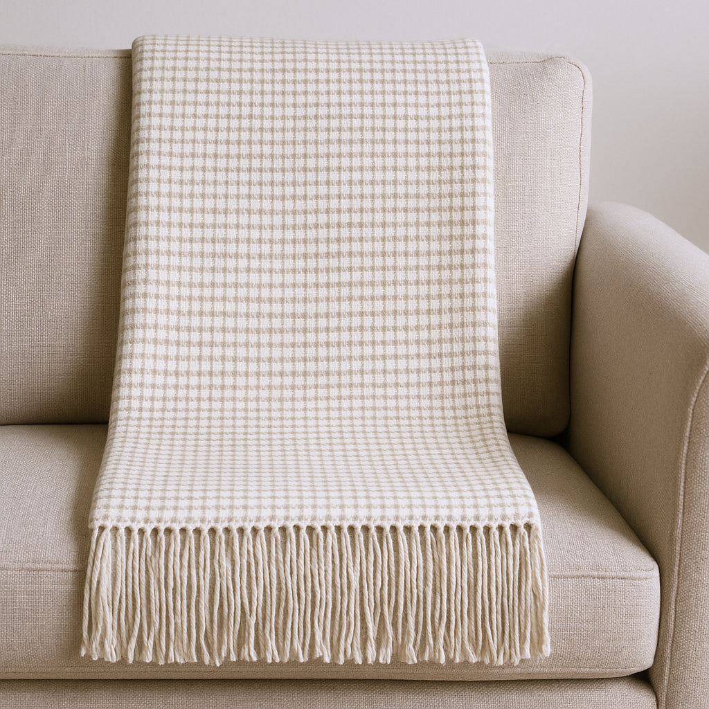 50 X 67 Cream And Sand Cotton Blend Woven Plaid Throw Blanket with Fringe