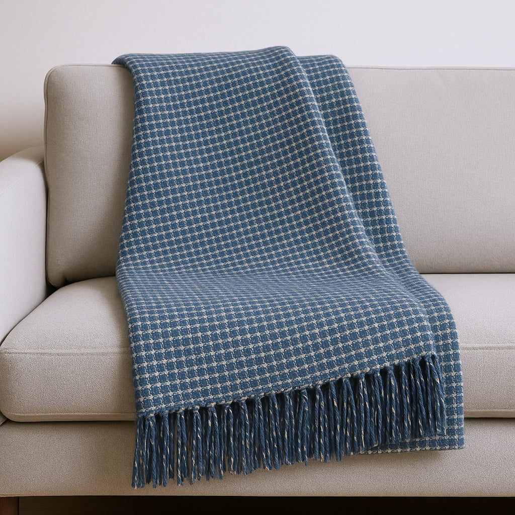 50 X 67 Denim Blue And Cream Cotton Blend Woven Plaid Throw Blanket with Fringe