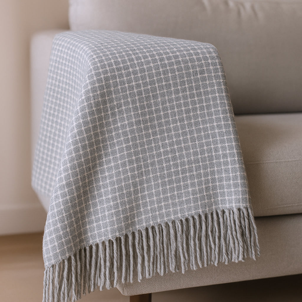 50 X 67 Light Gray And Cream Cotton Blend Woven Plaid Throw Blanket with Fringe