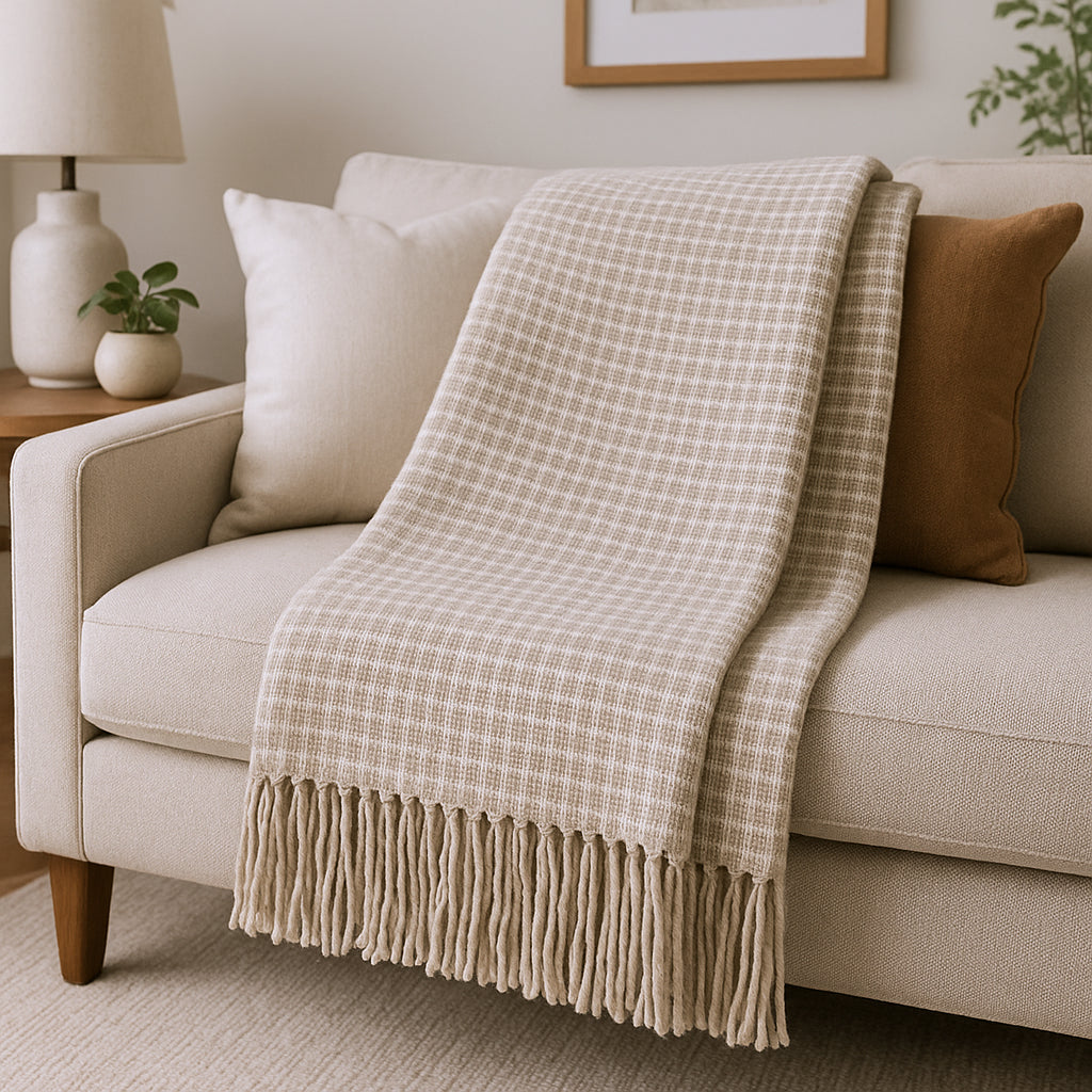 50 X 67 Sand And Cream Cotton Blend Woven Plaid Throw Blanket with Fringe